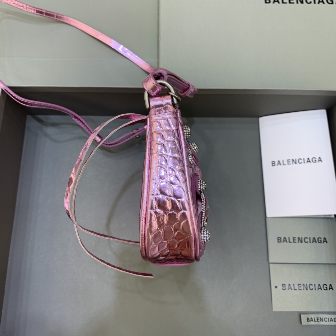 Balenciaga Le Cagole Mini Bag With Chain Crocodile Embossed Rhinestones Shoulder Bag Purple 